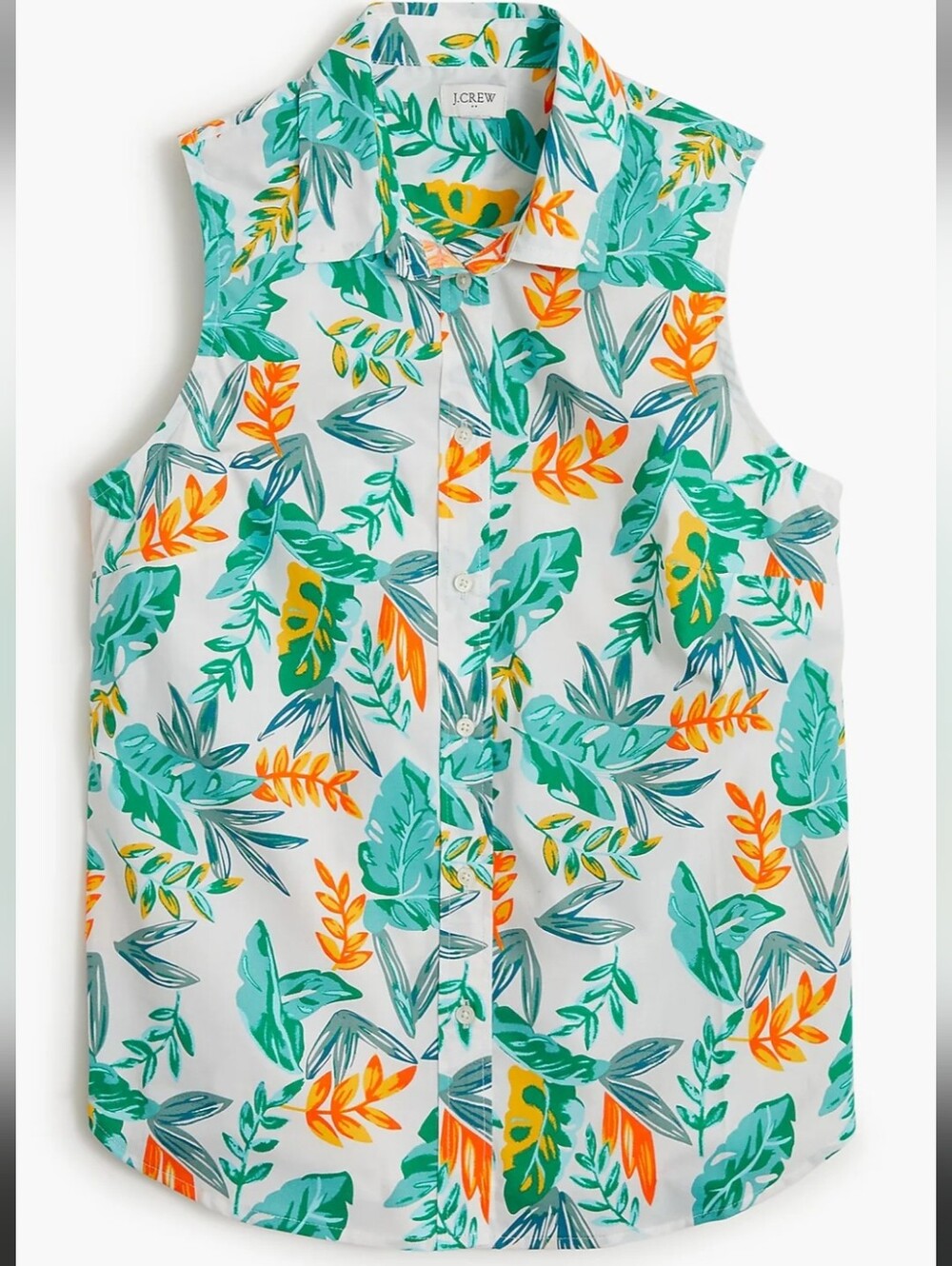 J. Crew Sleeveless Button-Down Cotton Tropical Top in White, Green & Yellow